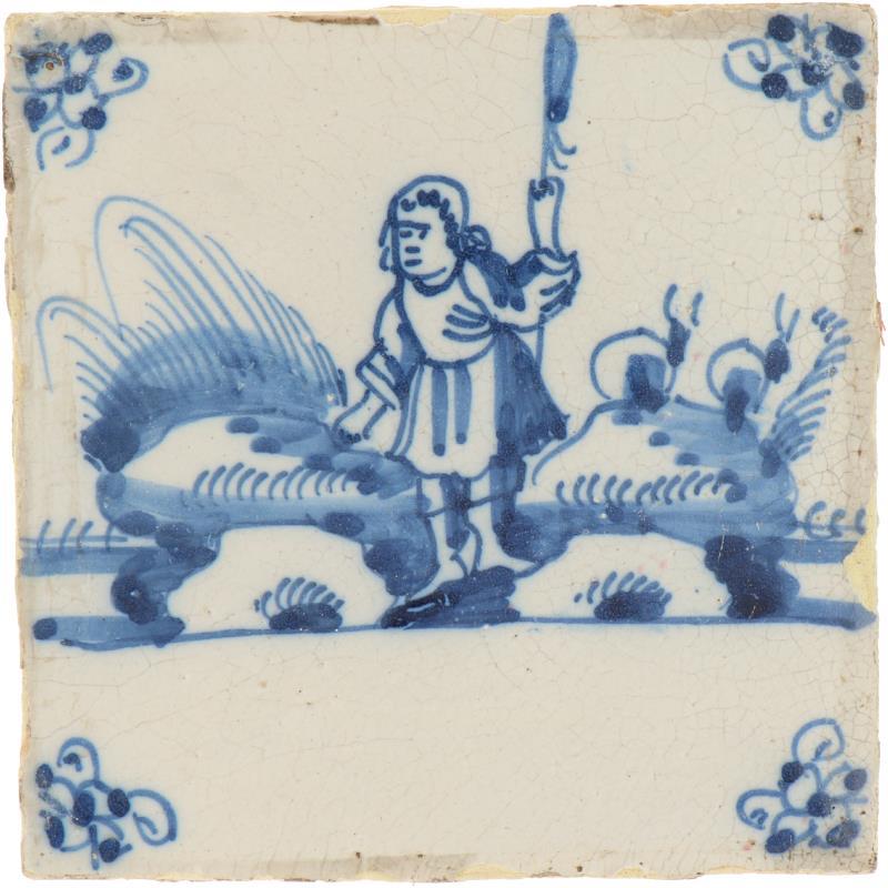Een lot van (11) zgn. "Delftse" tegels met diverse leeftijden en onderwerpen. Blauw-wit kleurig en mangaankleurig.