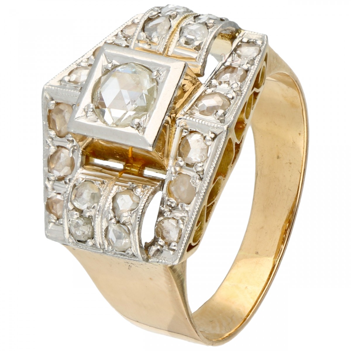 Geelgouden Art Deco tank ring, met 21 roos geslepen diamanten - 18 kt.