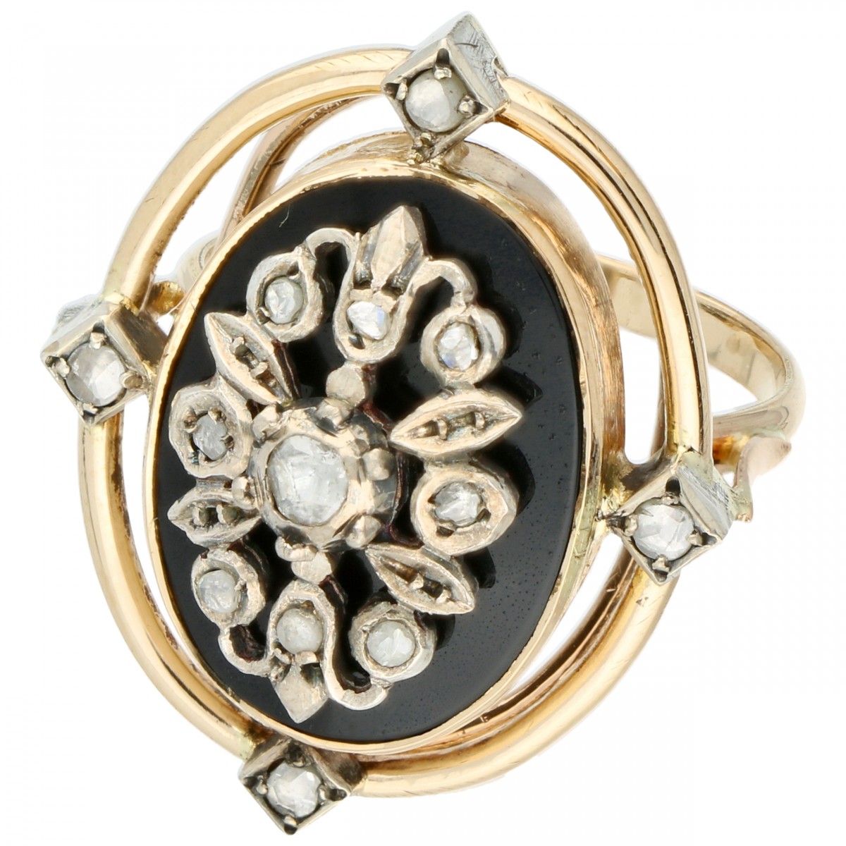 Geelgouden vintage cocktail ring, met 13 roos geslepen diamanten - 14 kt.