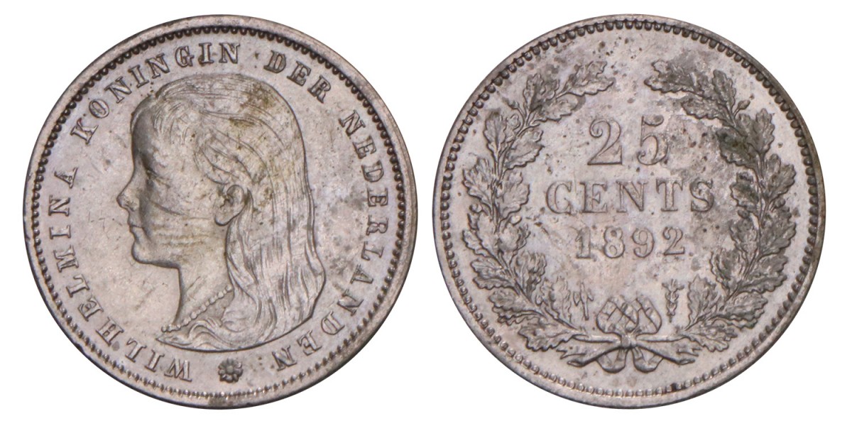 25 Cent Wilhelmina 1892. Zeer Fraai / Prachtig.