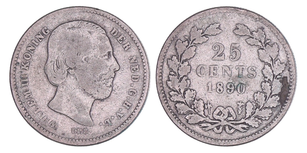 25 Cent Willem III 1890 zonder punt. Fraai.
