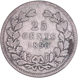 25 Cent Willem III 1890 zonder punt. Fraai.