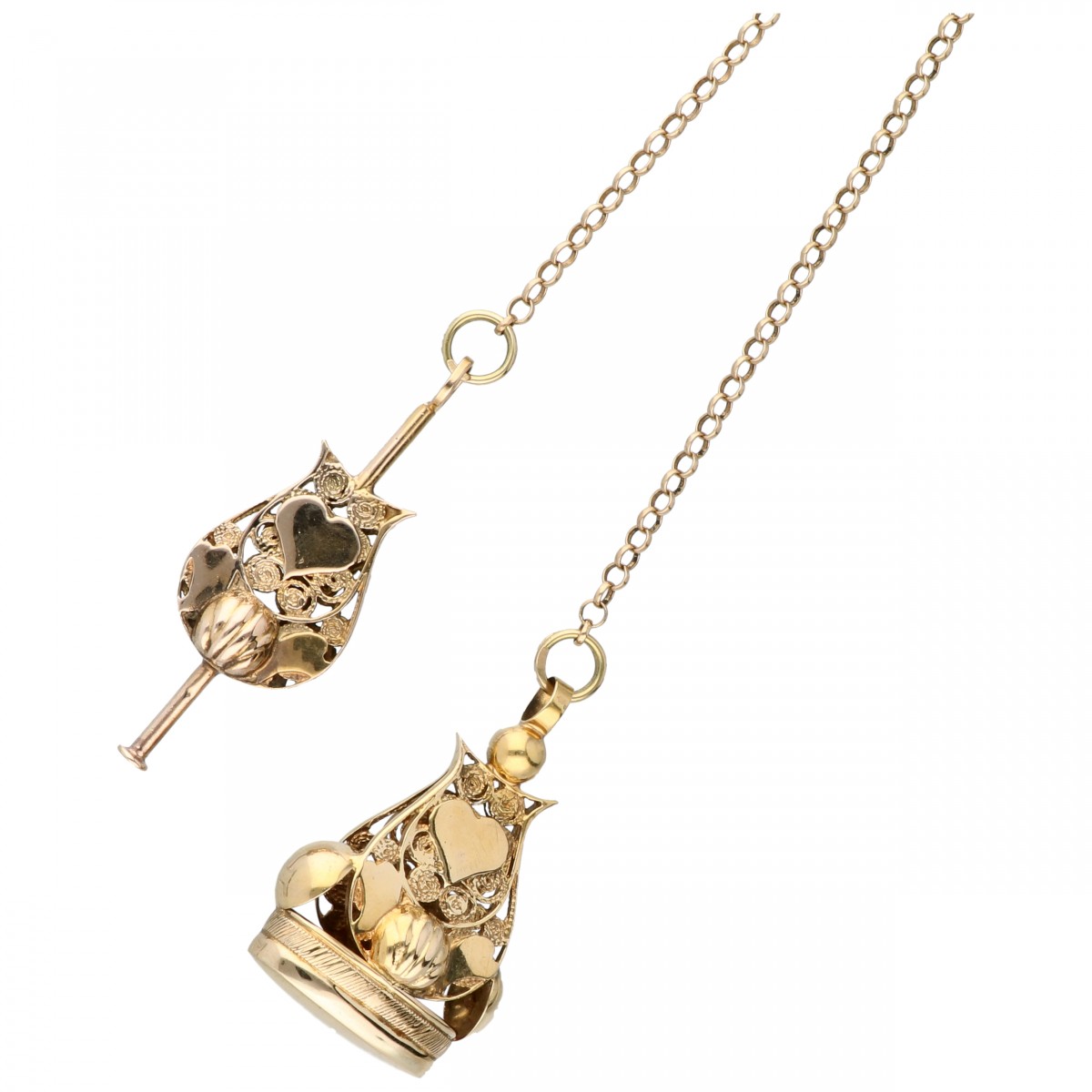 Geelgouden chatelaine ketting met twee signetten - 14 kt.