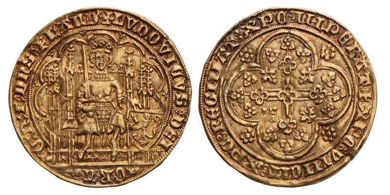 Gouden schild Lodewijk II van Malen, Vlaanderen Z.J. Prachtig (licht gegolfd).