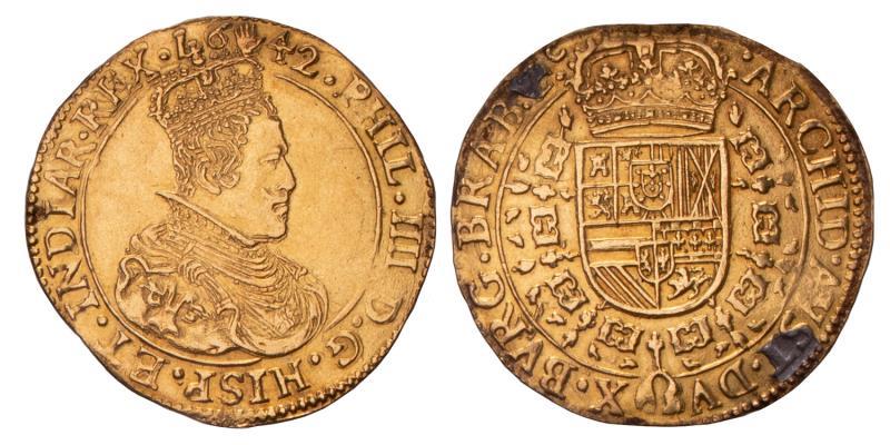 Dubbele Soeverein Brabant, Filips IV, Antwerpen, R, 1642. Zeer Fraai + (R, klemsporen).