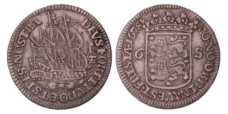 Scheepjesschelling van 6 stuiver Enkhuizen 1678. Zeer Fraai.