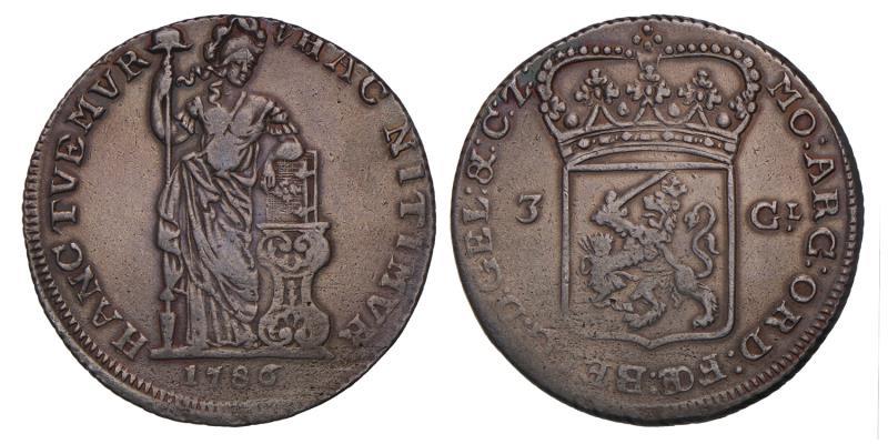 3 Gulden Gelderland 1786. Zeer Fraai +.