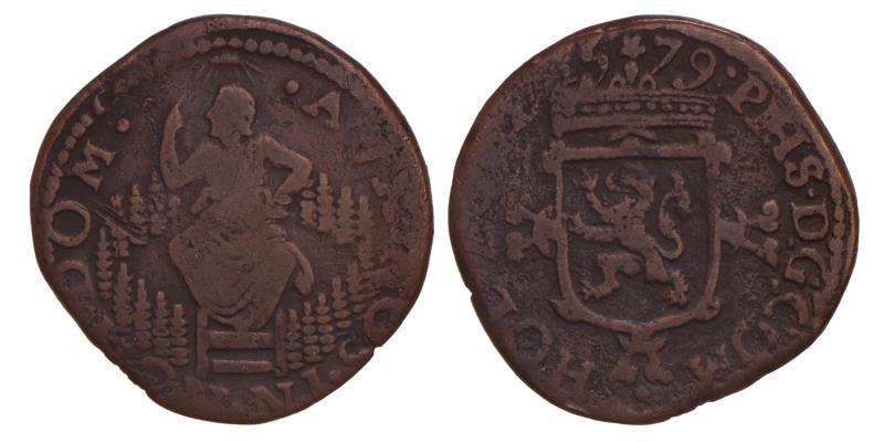 Kwart stuiver of oord Holland 1579. Fraai +.