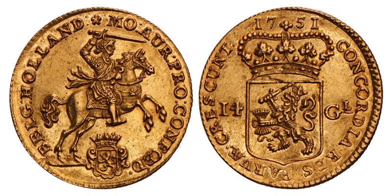 14 Gulden of gouden rijder Holland 1751. Prachtig.