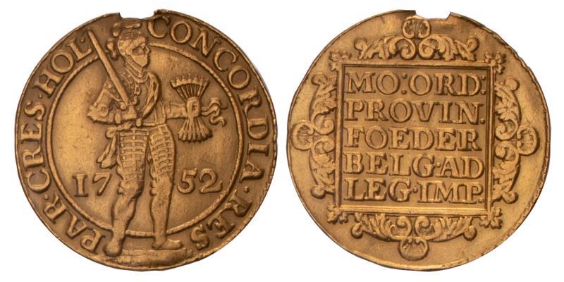 Dubbele gouden dukaat Holland 1752. Zeer Fraai (lichte beschadiging bovenzijde).
