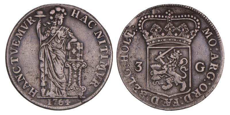 3 Gulden Holland 1764. Zeer Fraai +.