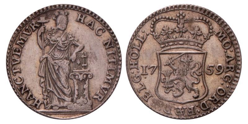 Muntmeesterpenning Holland 1759. Zeer Fraai / Prachtig.