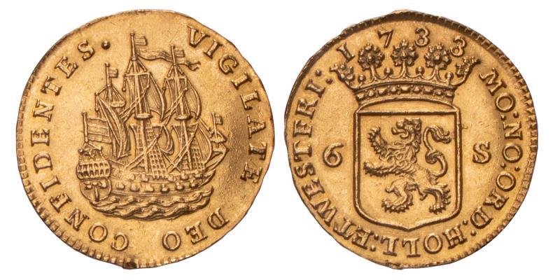 Scheepjesschelling van 6 stuiver afslag in goud Holland 1733. Prachtig (lichte randbeschadiging).