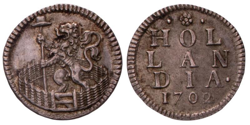 Duit afslag in zilver Holland 1702. Zeer Fraai +.