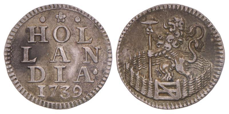 Duit afslag in zilver Holland 1739. Zeer Fraai +.