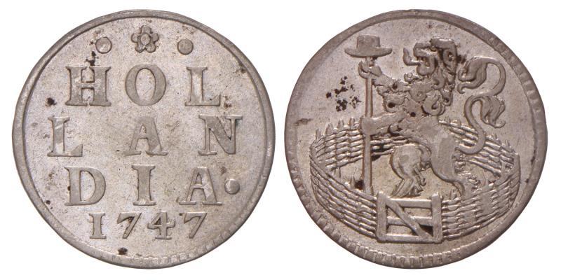 Duit afslag in zilver Holland 1747. Zeer Fraai +.