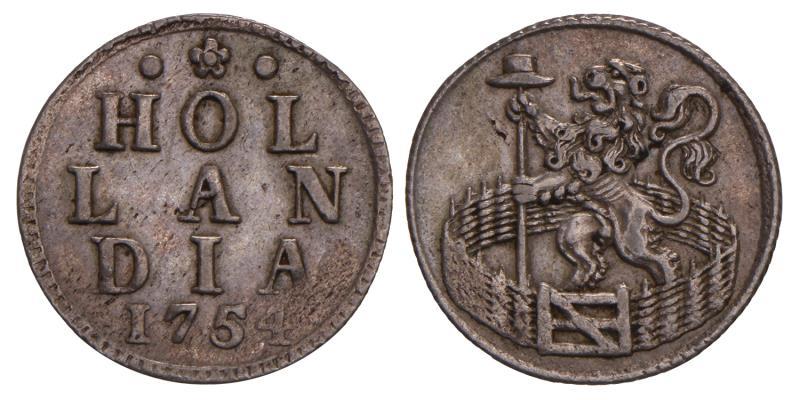 Duit afslag in zilver Holland 1754. Zeer Fraai +.