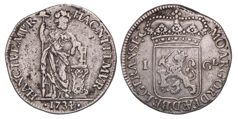 1 Gulden Overijssel 1734. Fraai / Zeer Fraai.