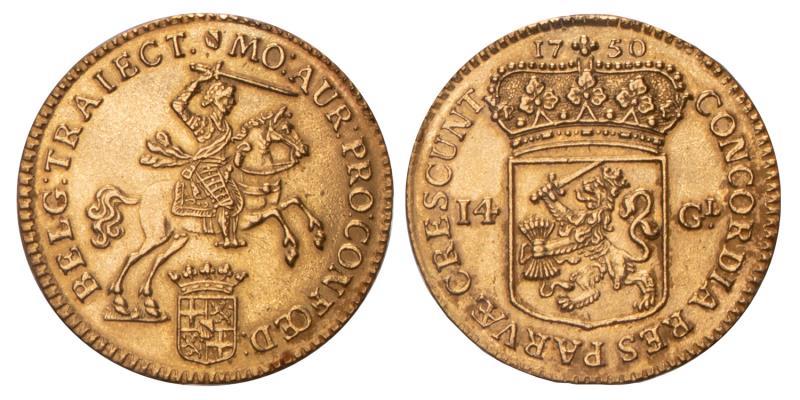 14 Gulden of gouden rijder Utrecht 1750. Prachtig + (lichte randbeschadiging).