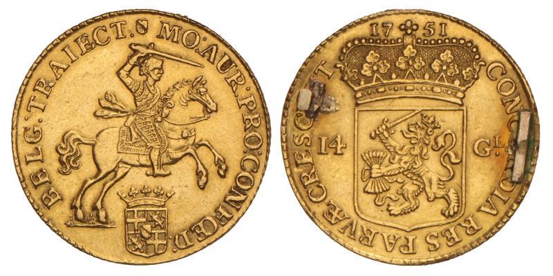 14 Gulden of gouden rijder Utrecht 1751 montage. Prachtig.