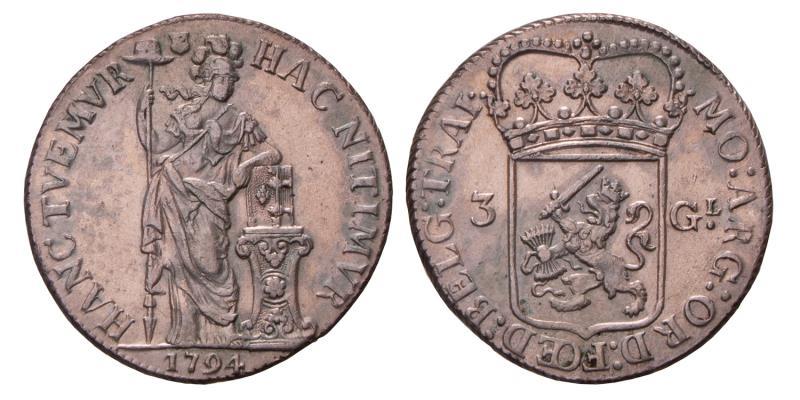 3 Gulden Utrecht 1794. Zeer Fraai +.