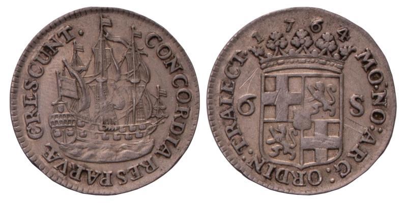 Scheepjesschelling van 6 stuiver Utrecht 1764. Zeer Fraai / Prachtig.
