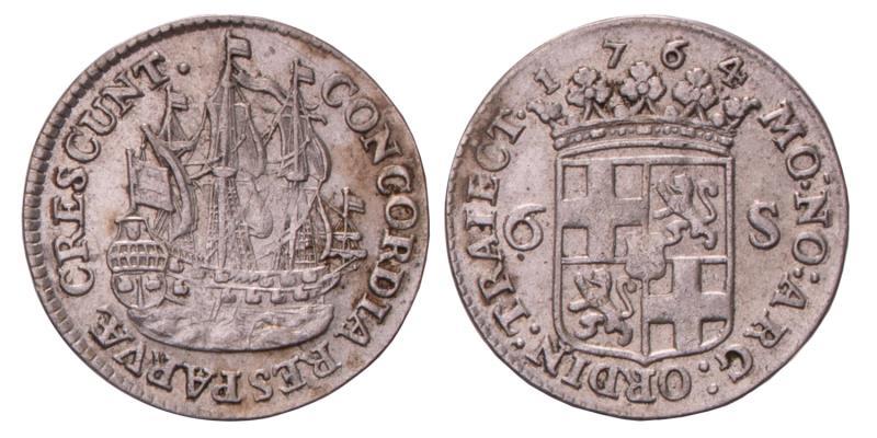 Scheepjesschelling van 6 stuiver Utrecht 1764. Zeer Fraai / Prachtig.