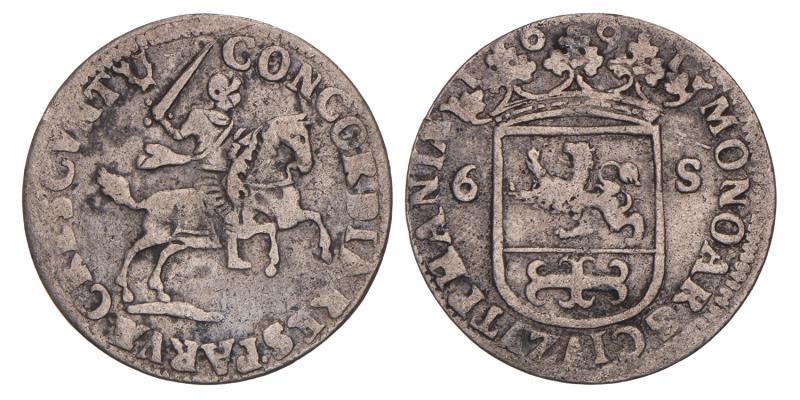 Rijderschelling van 6 stuiver Zutphen 1691. Fraai / Zeer Fraai.