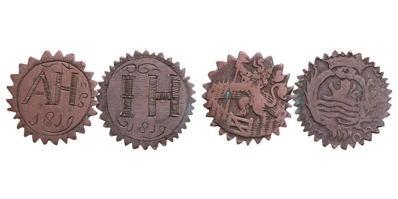 2 Gegraveerde duiten initialen I.H. en A.H. 1819. Zeer Fraai.