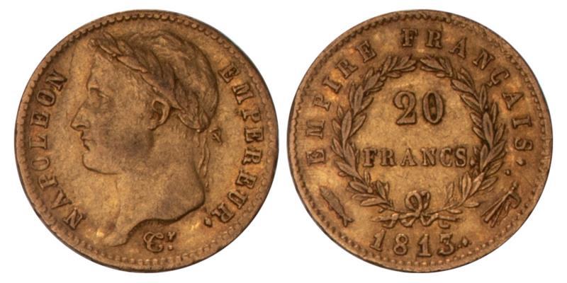 20 Francs Napoleon I 1813. Zeer Fraai.