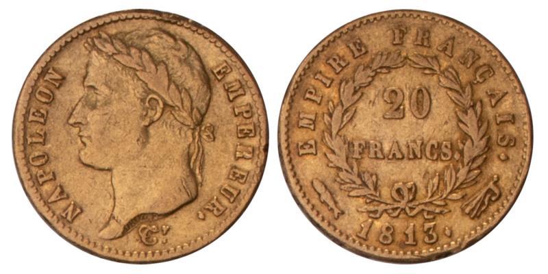 20 Francs Napoleon I 1813. Zeer Fraai.