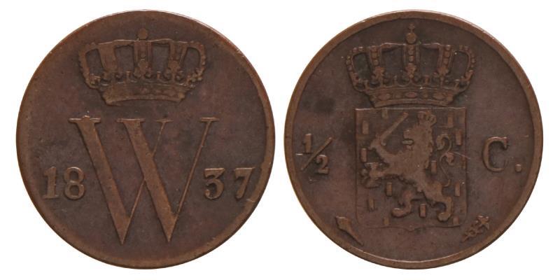 ½ Cent Willem I 1837. Zeer Fraai.