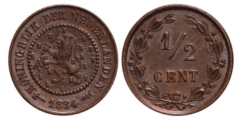 ½ Cent Willem III 1884. FDC.