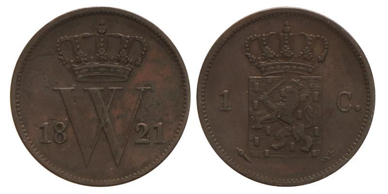 1 Cent Willem I 1821 U. Zeer Fraai +.