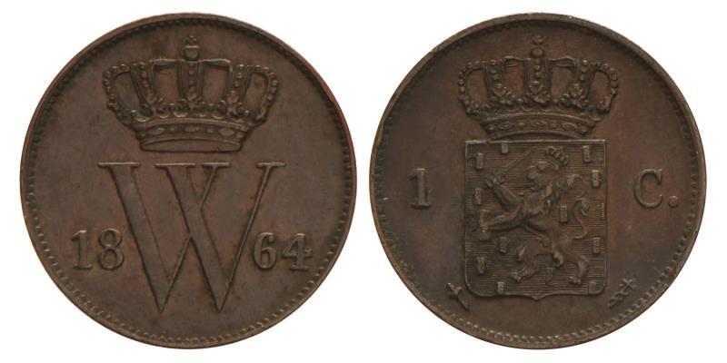 1 Cent Willem III 1864. Prachtig -.