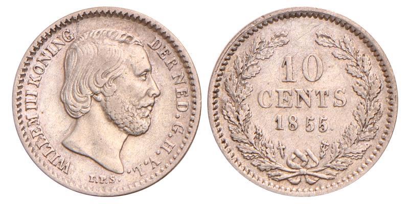 10 Cent Willem III 1855. Zeer Fraai +.