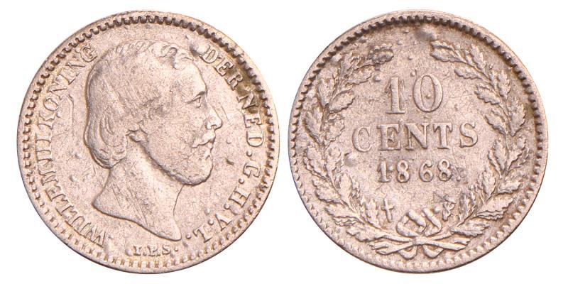 10 Cent Willem III 1868. Zeer Fraai.