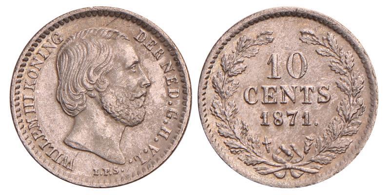 10 Cent Willem III 1871. Fraai +.