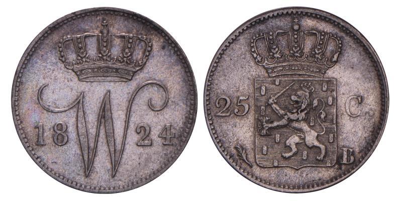 25 Cent Willem I 1824 B. Zeer Fraai / Prachtig.