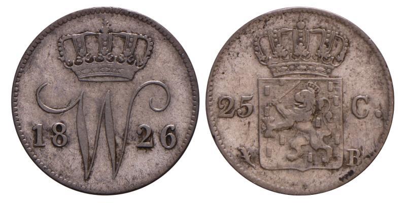 25 Cent Willem I 1826 B. Zeer Fraai.