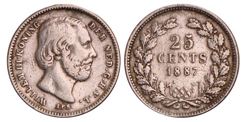 25 Cent Willem III 1887. Zeer Fraai.