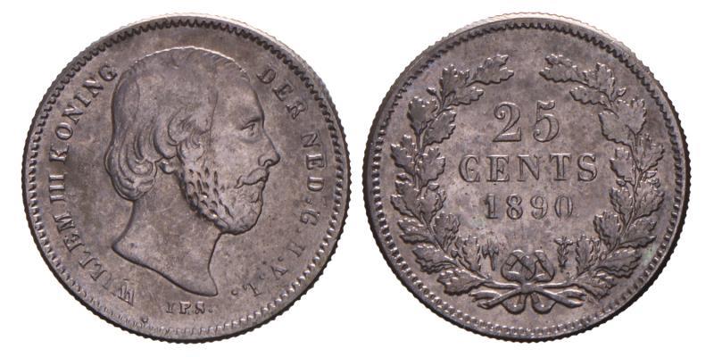 25 Cent Willem III 1890 met punt. Zeer Fraai.