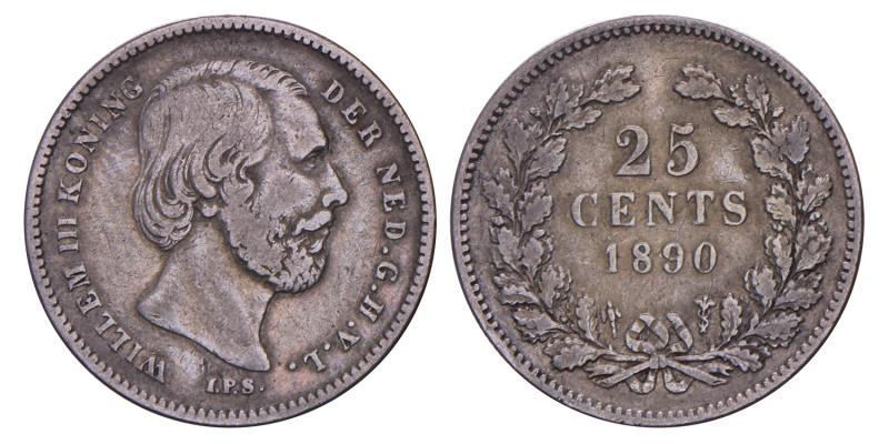 25 Cent Willem III 1890 zonder punt. Fraai / Zeer Fraai.