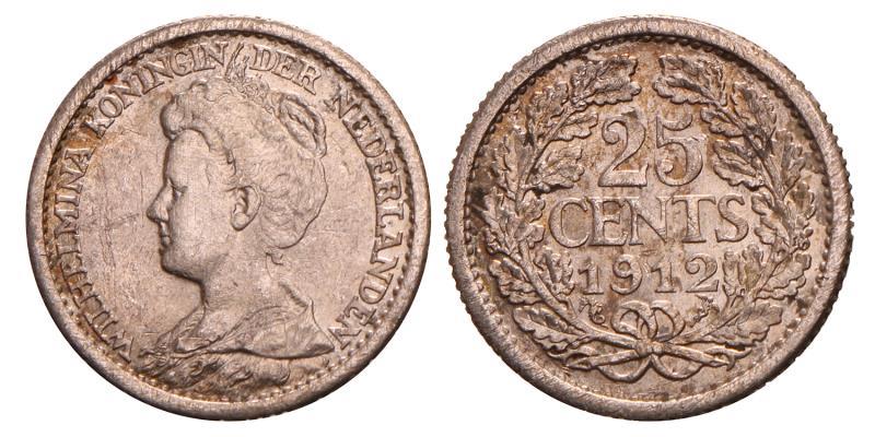 25 Cent Wilhelmina 1912. Zeer Fraai / Prachtig.
