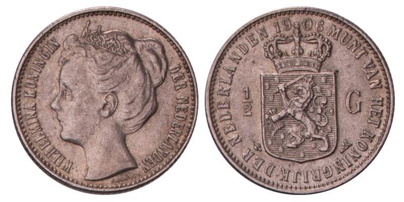 ½ Gulden Wilhelmina 1906. Zeer Fraai / Prachtig.