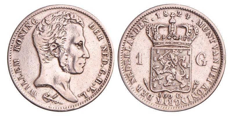 1 Gulden Willem I 1824 U Streepje. Zeer Fraai.