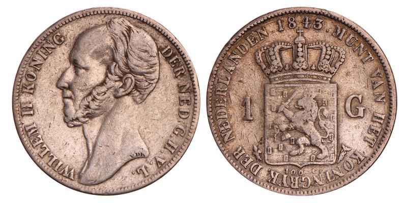 1 Gulden Willem II 1843. Zeer Fraai -.
