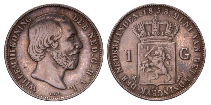 1 Gulden Willem III 1853. Zeer Fraai +.