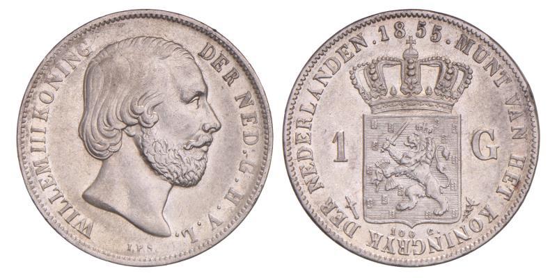 1 Gulden Willem III 1855. Prachtig.
