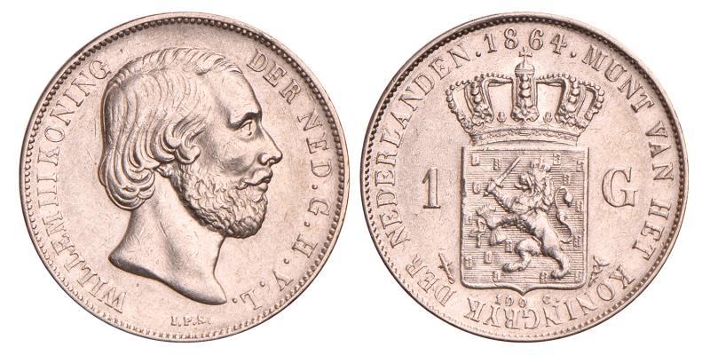 1 Gulden Willem III 1864. Prachtig -.